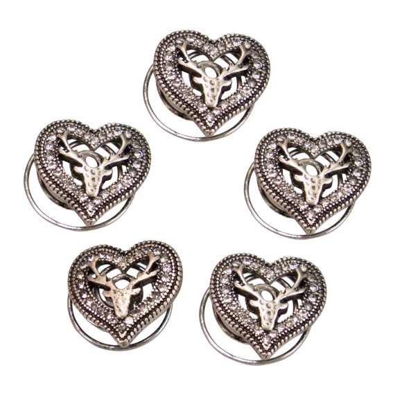  Haar-Curlies Strassherz-Hirsch 5-er Set  antik-silber-farben